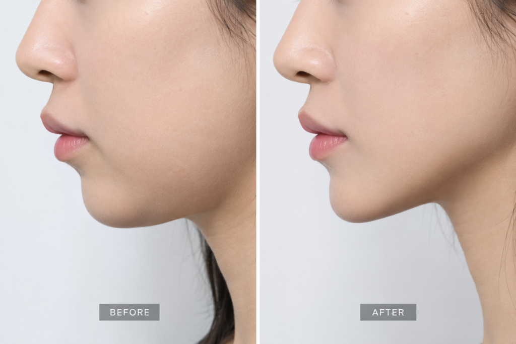 Before and after jawline contouring comparison showing a more defined chin and slimmer lower face profile