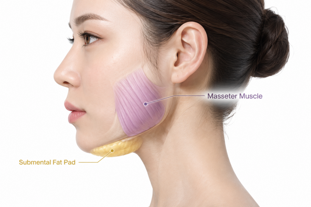 Facial anatomy illustration highlighting the masseter muscle and submental fat beneath the chin