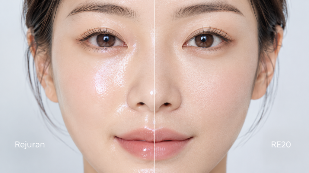 Rejuran vs RE20 skin texture comparison showing facial hydration and smooth skin appearance